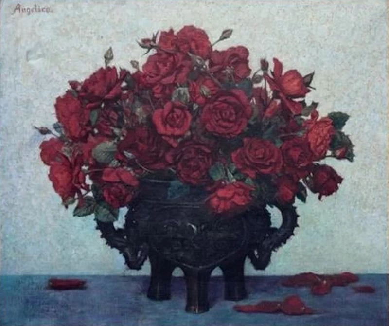 Herbert Schmalz - Natura morta di rose rosse in un incensiere cinese in bronzo